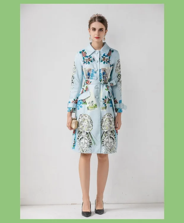 Модное шоу ropa mujer осенне-зимние пальто и куртки для женщин с длинным рукавом винтажный ремень Поддельные карманы печати feminina vestidos