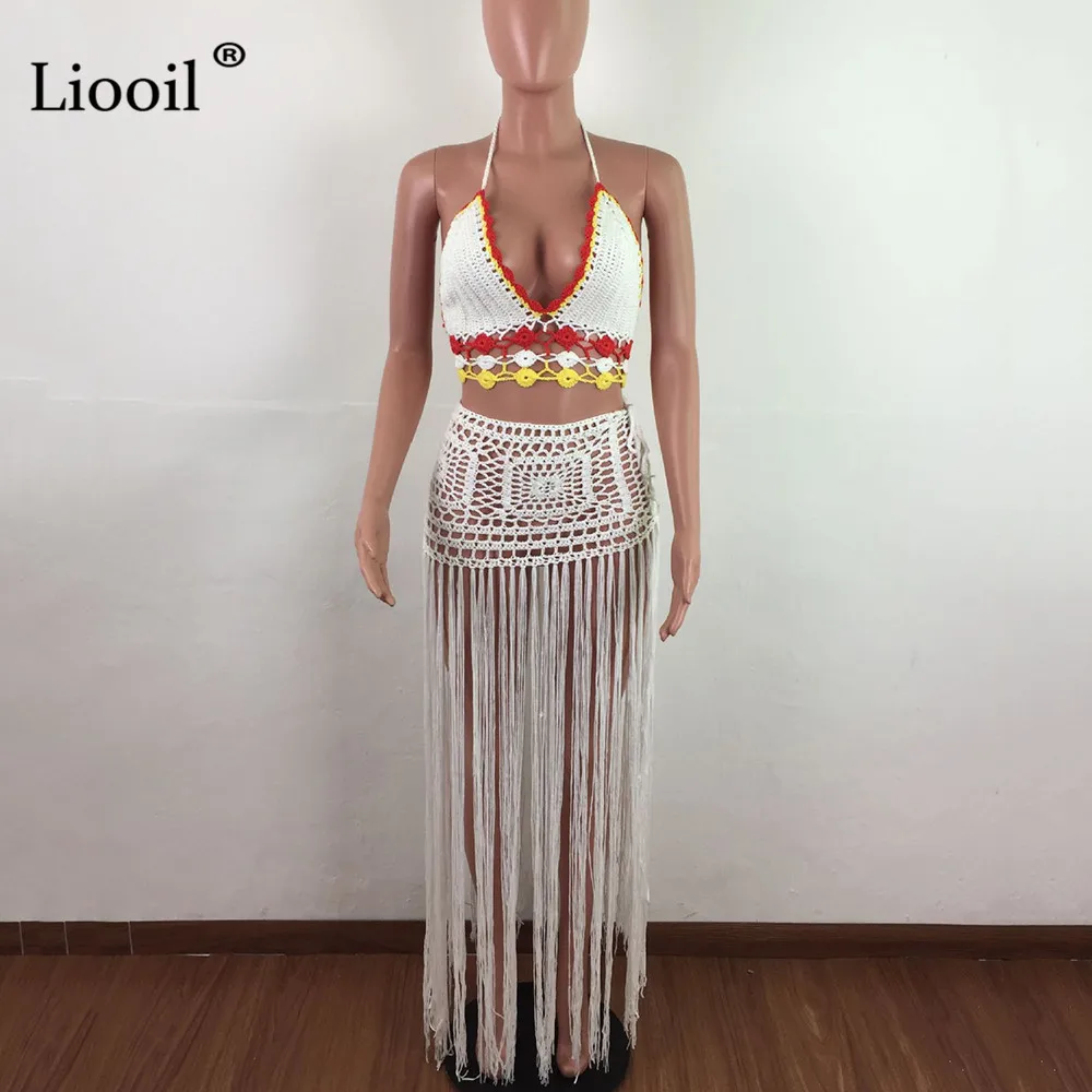 Liooil, вязаное ажурное летнее пляжное макси-платье из 2 частей, женские сетчатые платья с кисточками и вырезами на шнуровке, вечерние длинные свободные платья, Клубная одежда