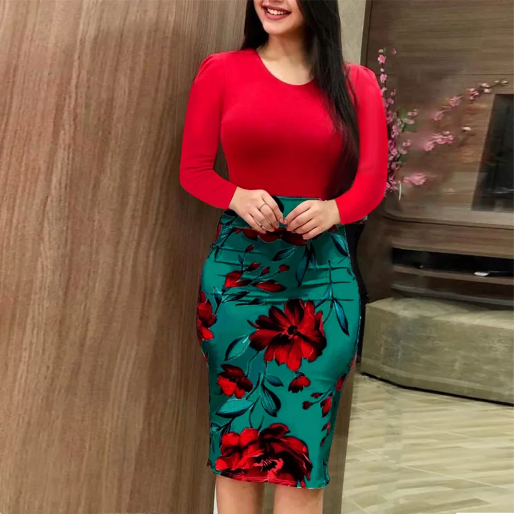 

Wipalo Spring Autumn Plus Size Bodycon Dress Round Collar Long Sleeve Floral Dress Elegant Party Dress Vestidos 2019 New Fashion