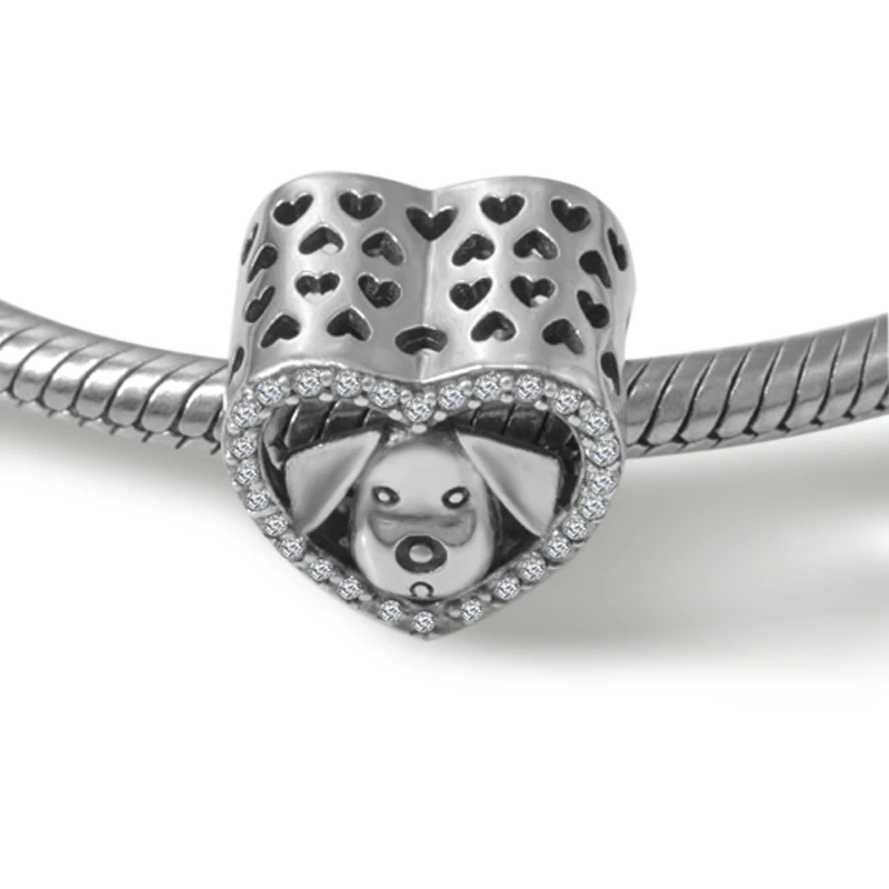 

StrollGirl 100%925 Sterling Silver Heart-Shaped Beads with Animal Dog Glamour Stones for Women's Pandora Bracelet Fashion Jewelr