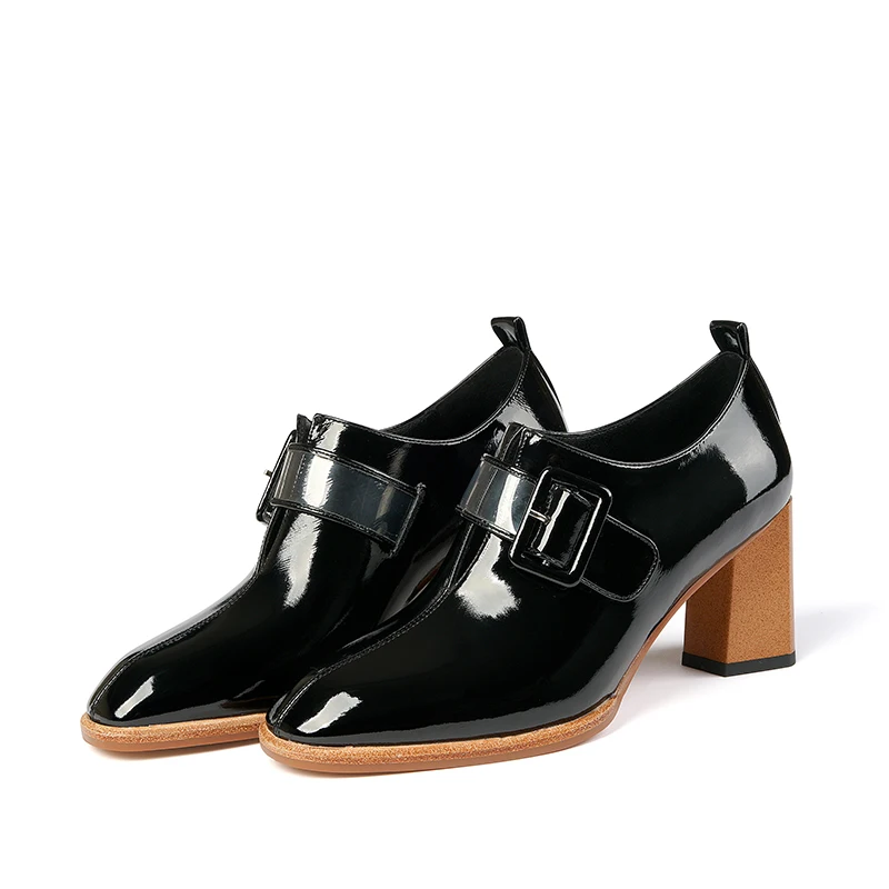 Genuine leather high square heels women shoes buckle spring autumn office ladies shoes size 34-41 black beige dress shoes woman