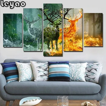

Multi Panel 5D DIY Diamond Painting Element Deer 5 Piece Diamond Embroidery Beads Cross Stitch Mosaic Ice Fire Animals Pattern