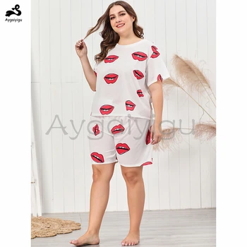 

Aygaiyigu Women Sleep Wear Big Size Home Wear Summer Red Lips Printed Loose Clothing O-neck Short Sleeve 2 Pcs Sets (Tops+Short)