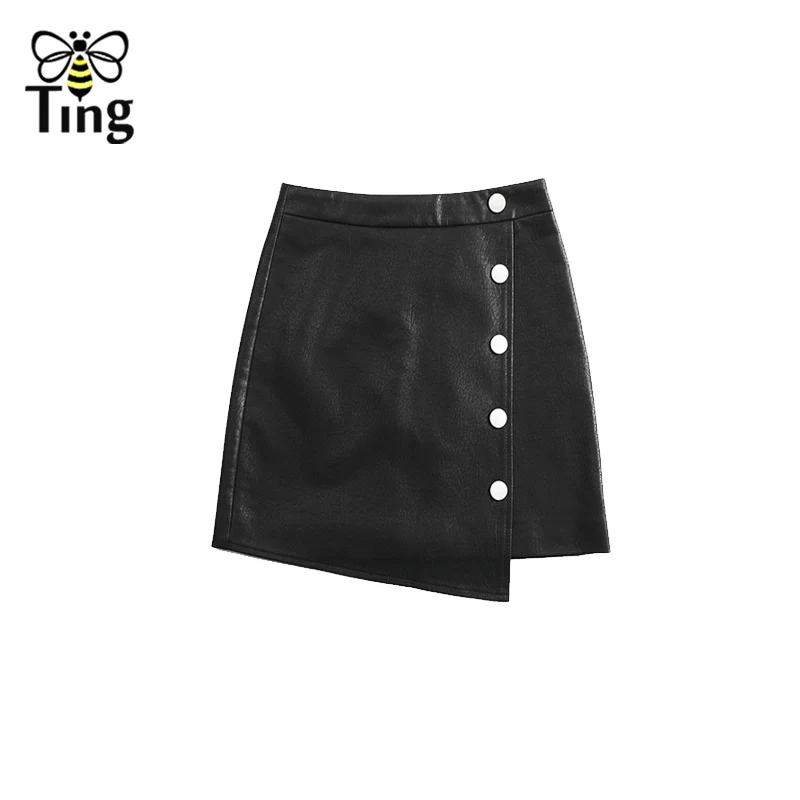 Tingfly, Весенняя мода, высокая улица, для женщин, для девушек, нерегулярные кнопки, черная юбка из искусственной кожи, для женщин, размера плюс, 2XL, юбки, повседневная одежда - Цвет: Черный