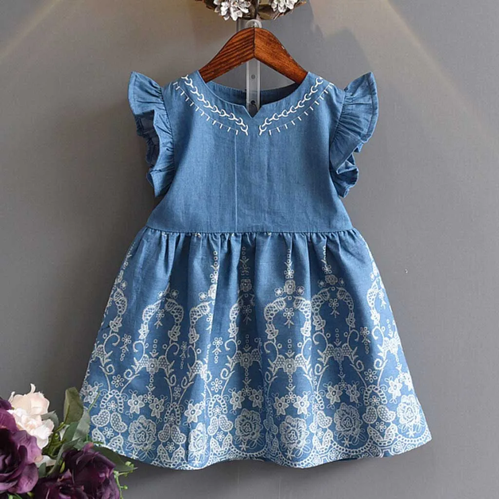 Джинсовое платье с вышивкой и рукавами-крылышками для девочек Одежда маленьких