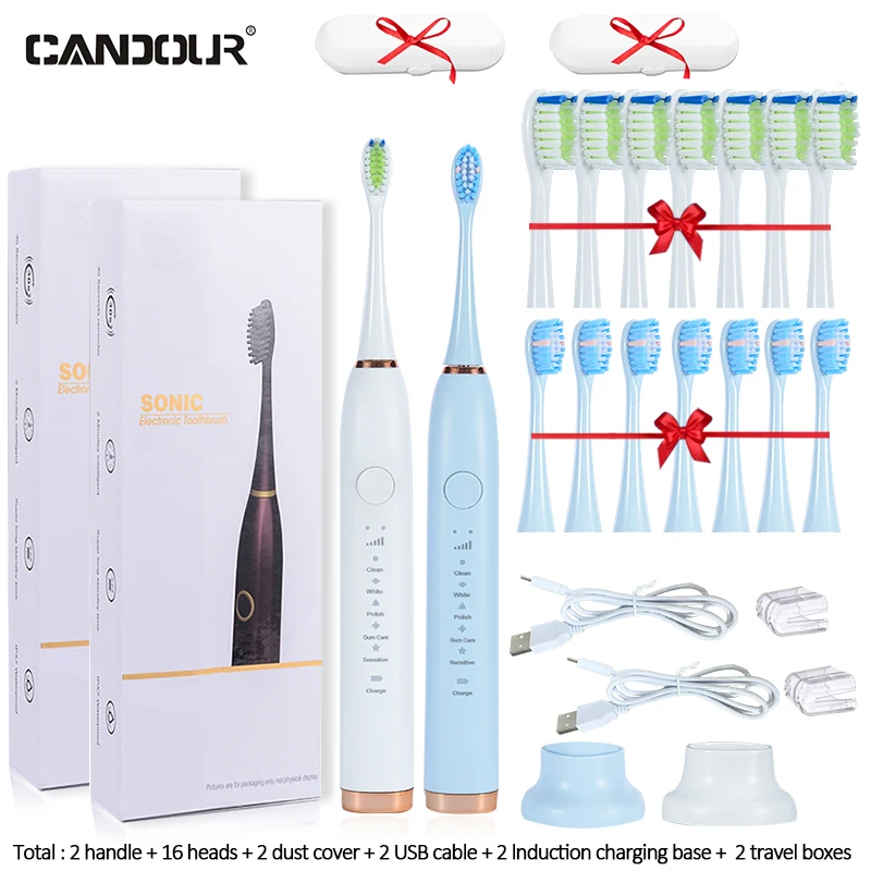 Cantour-USB 충전 충전식 음파 전동 칫솔 CD5138, 성인용 교체 브러시 헤드 16 개