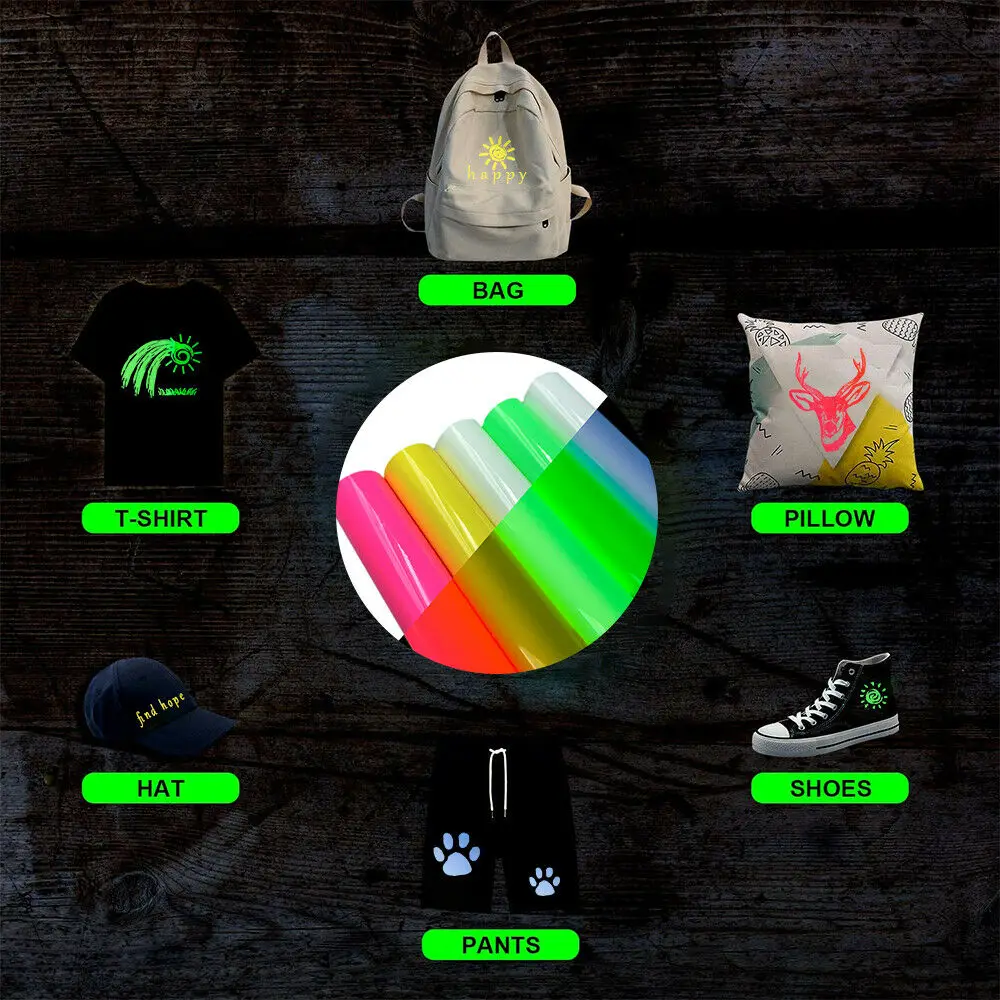 5pcs Bundle Heat Transfer Vinyl Film Glow in Dark Iron on Tshirt PU HTV Luminous Fluorescent Color For Clothes Chrimas Decor
