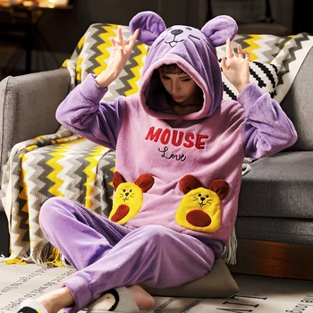 

Winter Warm Flannel Pajamas with Hat Plus Size 5XL 90kg Wear Women Pajama Sets Printed Thicken Sleepwear Set Long Sleeve Pyjamas
