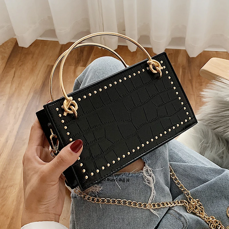 

2019 Fashion New Tote bag Quality Leather Women's Designer Rivet Handbag Stone pattern Chain Shoulder Messenger Bag Bolsos Mujer