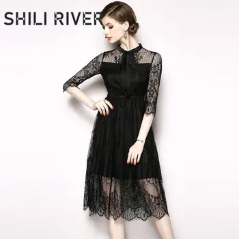

New spring summer lace midi dress for women half sleeve slim casual elegant bow neck embroidery pleated dresses retro black