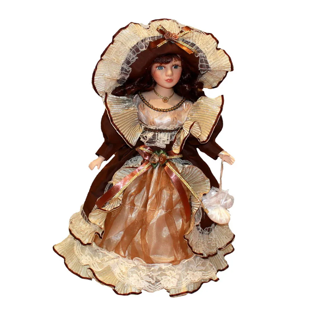 40cm Vintage Style Porcelain Dolls In Dress Hat With Display Stands