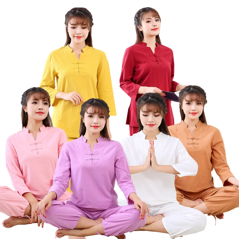 Хлопок и лен кунг-фу одежда для женщин дзен Униформа hanfu костюмы боевые искусства Йога одежда для ушу многоцветный женский Йога набор