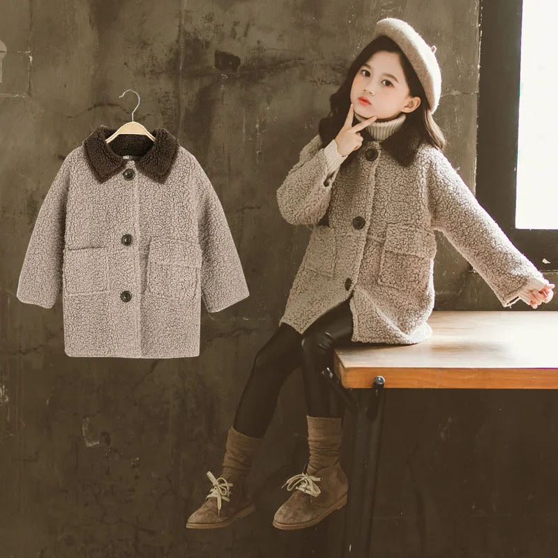Детское пальто для девочек, зимняя детская куртка для девочек, шерстяное пальто, осенняя плотная теплая куртка для девочек, верхняя одежда для детей 4, 6, 8, 10, 12, 13 лет - Цвет: Кофе