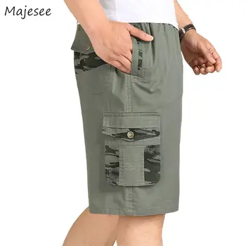 

Casual Shorts Army Green Elastic Waist Pockets Leisure Trendy Streetwear Korean Style Mens Button Printed Loose Chic Harajuku