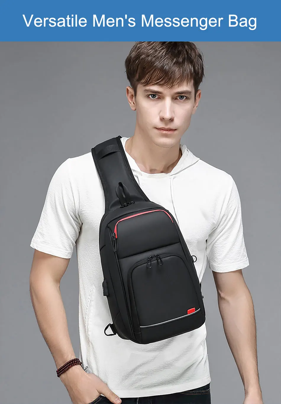 Sacoche Antivol Homme Sac Bandoulière Antivol FANDARE - USB Étanche - Voyage Randonnée Cyclisme Sac Poitrine USB étanche