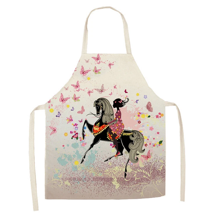 1Pcs Flower Butterfly Girl Printed Kitchen Aprons for Women Home Cooking Baking Waist Bib Cotton Linen Pinafore 55*68cm