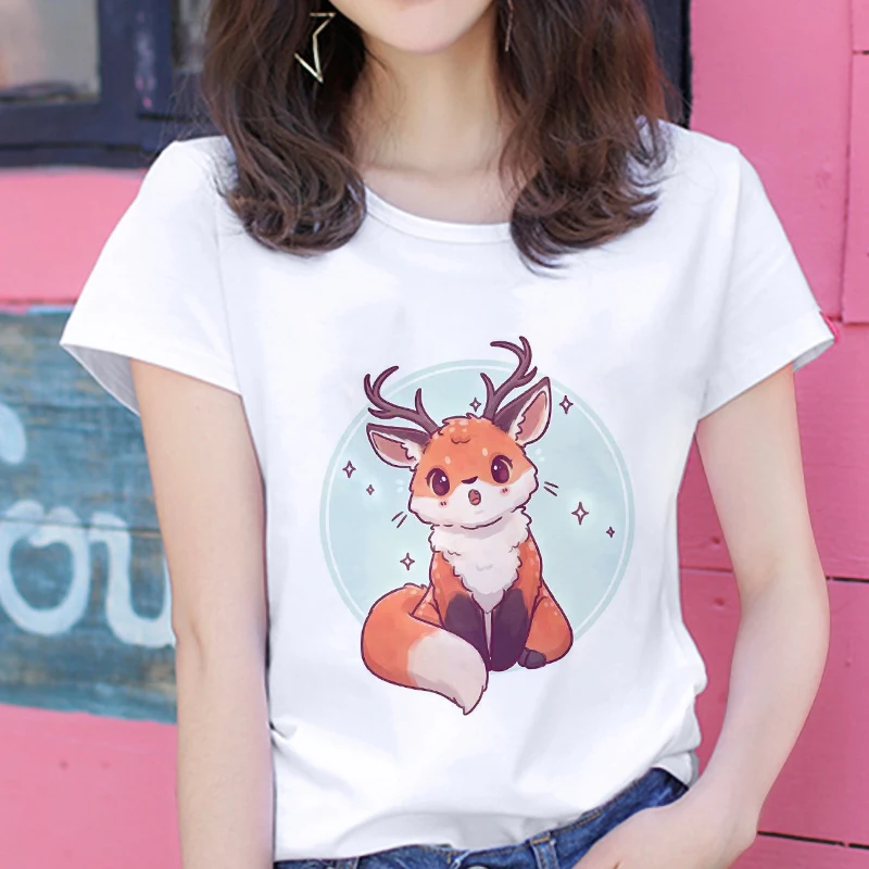 Новые kawaii с рисунком в виде лисы футболка Для женщин hipster Милая футболка женская мода сезона Harajuku белая 0-образным вырезом; топы; детская одежда