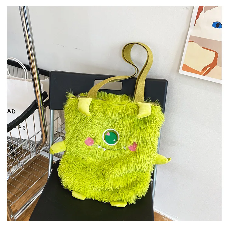 Winter Soft Plush Shoulder Bag Women Cute Little Monster Embroidery Handbags Faux Fur Women Bags Student Book Bag Shopper Bag handbags