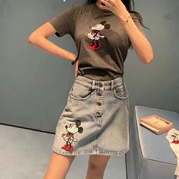 

2020 Spring Summer Mickey Mouse Minnie Cartoon Print Round Neck Short Sleeve Cotton Grey T-shirt Women's Top