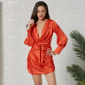 

2019 Autumn Women Deep V-neck Draped Bandage Mini Dress Orange Full Sleeve Party Nightclub Sexy Satin Silk Shirt Dress Vestidos