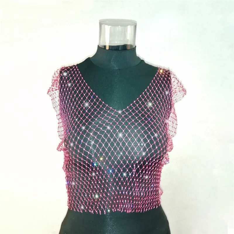 Прозрачные стразы, сексуальный укороченный топ, Camisetas verano mujer,, летние топы, прозрачные бриллианты, пляжный топ, ажурная футболка