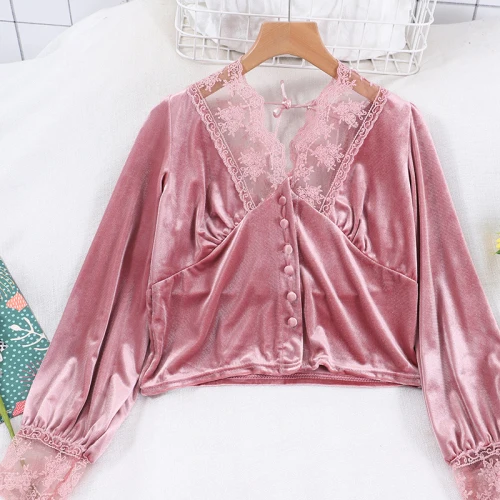 Pink Gagarich, женская блузка,, винтажная, осень, весна, элегантный топ, кружево, бархат, v-образный вырез, высокая талия, сзади, короткая рубашка - Цвет: Pink