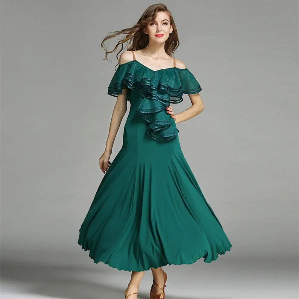 feecolor Women French Classic Luxury Big Lotus Leaf Swing Ice Silk Latin Dance Costume Flamenco Ballroom Waltz Salsa Dance Dress