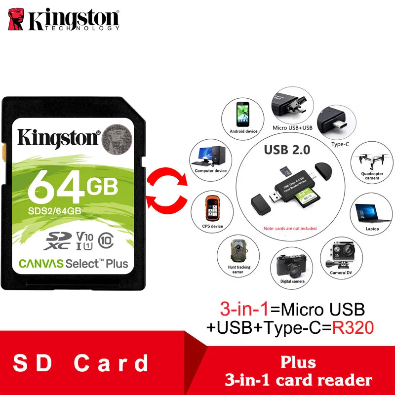 SDS2-64G plus R320 Kingston SD карта 32 Гб 64 Гб 128 Гб карта памяти картао де Мемория SDHC/SDXC Micro SD карта 256 ГБ для HD 1080p и 4K видеокамера - Емкость: SDS2-64G plus R320