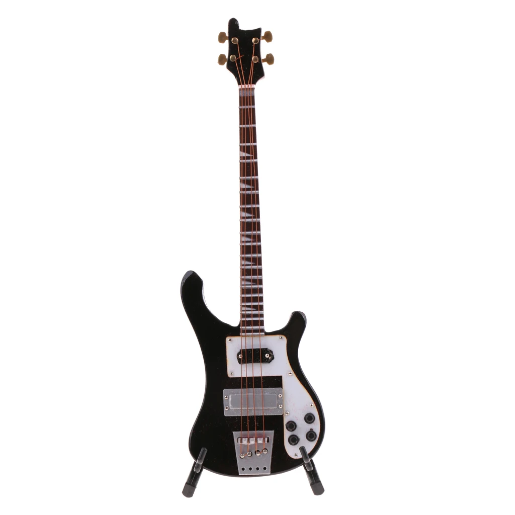 Handmade Mini Wooden Electric Bass Model with Stand for 1/6 Action Figures Hot Toys 12inch Dolls Accessories