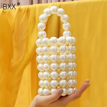 

[BXX] Pearl Bucket Fashion Bag Women 2020 Luxury Design Korean Handmade Pearl Party Clutch Bag Ladies Travel Shoulder Bags HM010