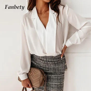 

Women Spring sexy V Neck Loose Blouse And Tops OL Casual Solid Long Sleeve Work Shirts female 2020 Fashion Elegant Tops Blusas