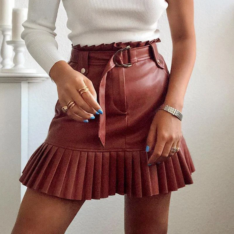 Women PU Faux Leather Mini Skirt Belt High Waist Pleated ALine