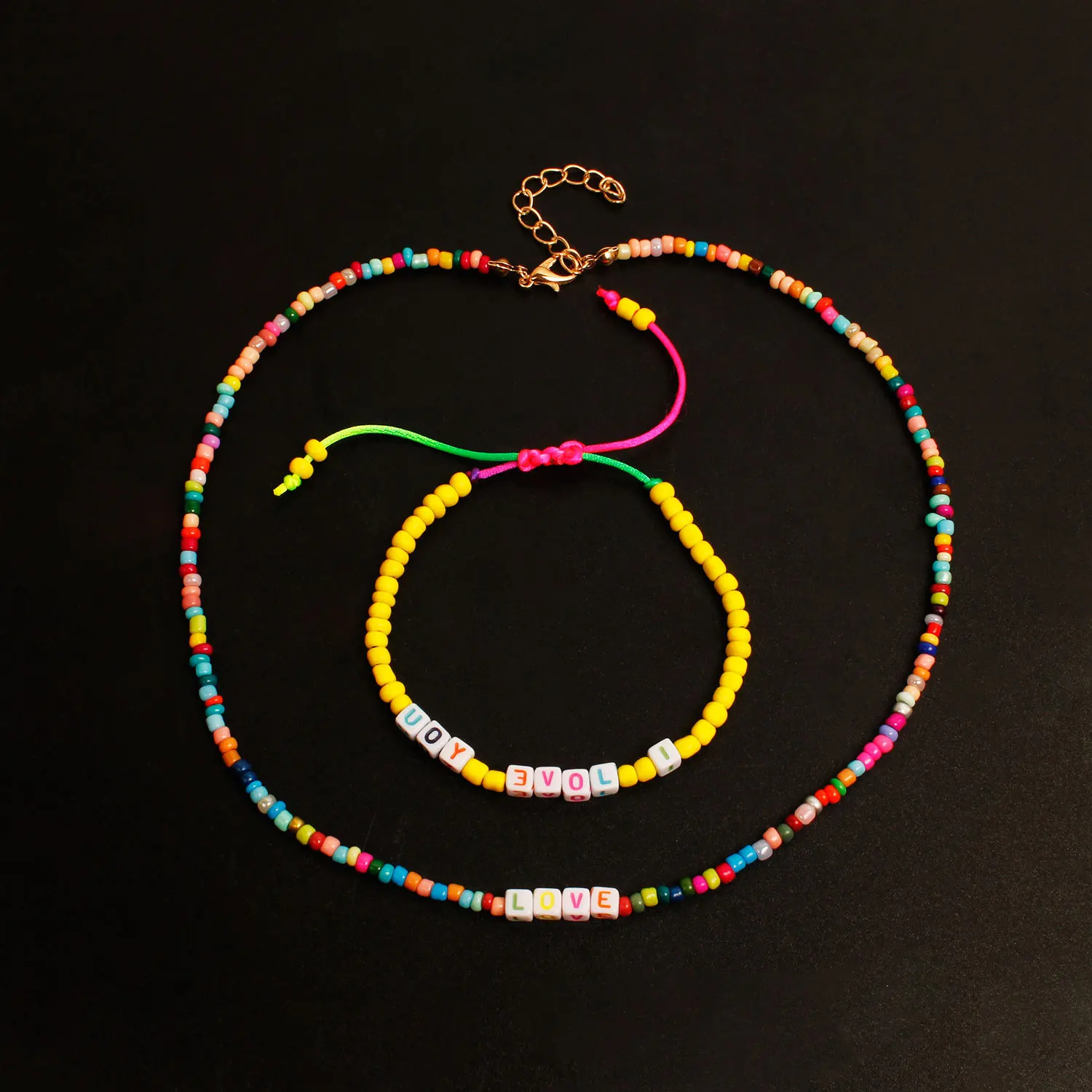 

2019 Bohemian Handmade Letter Bead Rope Choker Necklace and Bracelet Fashion Women Party Jewelry Set
