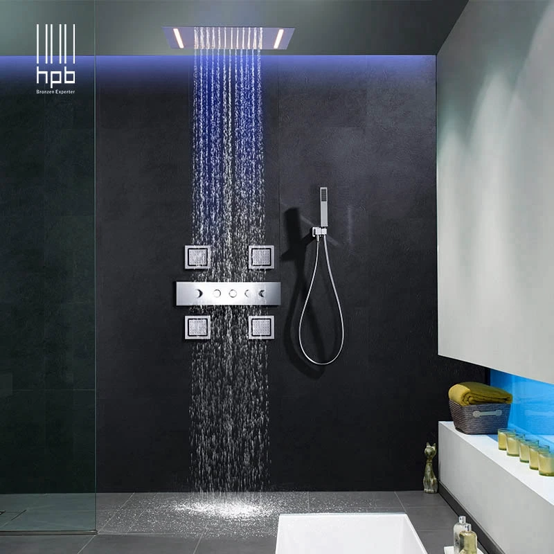

HPB Wall Mounted Bathroom Faucet Electricity LED Rainfall Concealed Spa Massage Shower Mixer Set with Hand Shower 020-50X36E-4MF