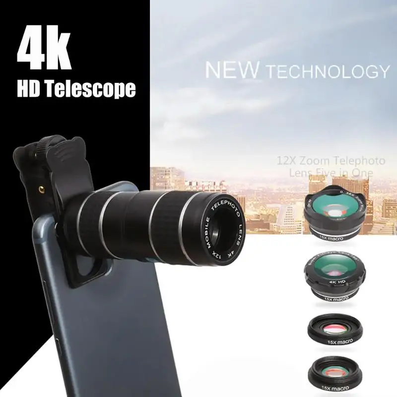 HD 4K мобильный телескоп 12x Ultra Zoom телефото широкоугольный Макросъемка эффект «рыбий глаз» линзы для объектива камеры для смартфона iPhone