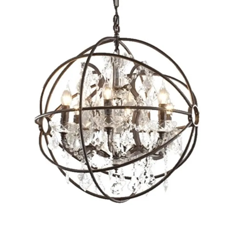 Dia55cm 5 Lights American Industrial Cage Crystal Rust/Black Pendant Lights Nordic Iron Chain Pendant Lamp Vintage Hanging Light