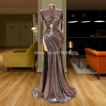 

Sparkly Turkish High Neck Evening Dress Sheath Full-Length Sequins Formal Dress Slit Robe De Soiree Aibye Vestido de festa Dubai