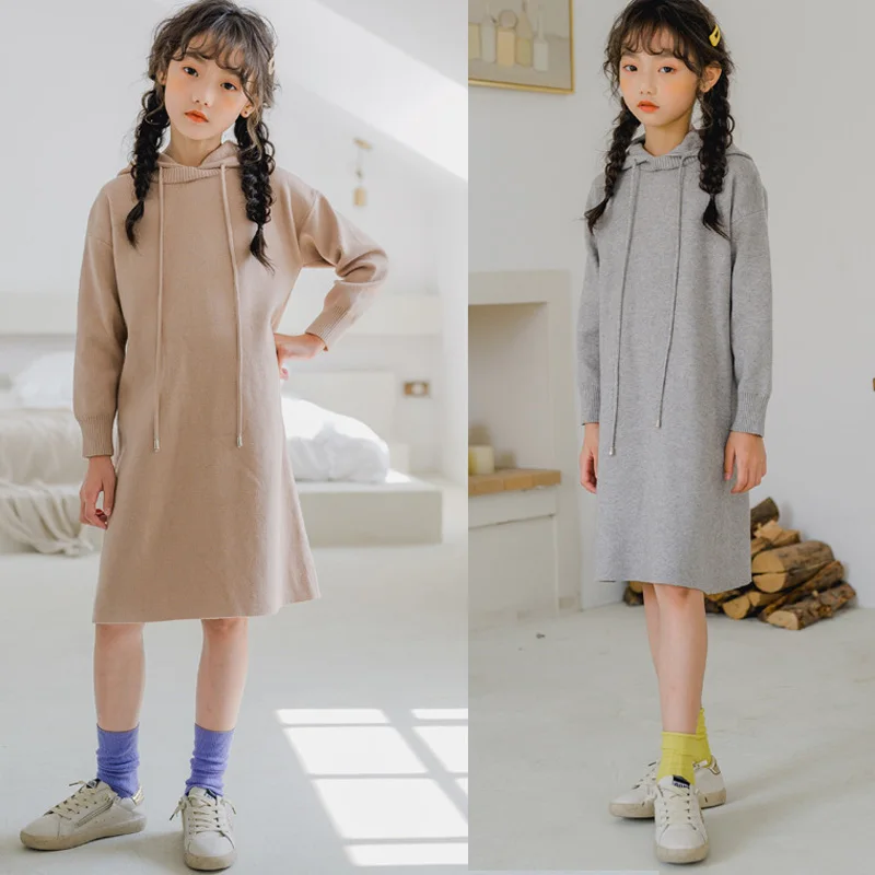 Осенне-зимний свитер для девочек платье средней длины с капюшоном повседневное прямое платье с капюшоном для больших девочек BC785