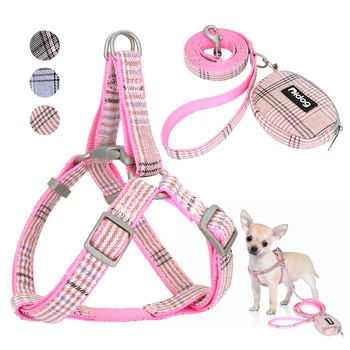 

Breathable Nylon Dog Harness and Leash Set Plaid Small Medium Dogs Harness Pet Walking Lead Rope With Snack Bag For Pitbull Pug