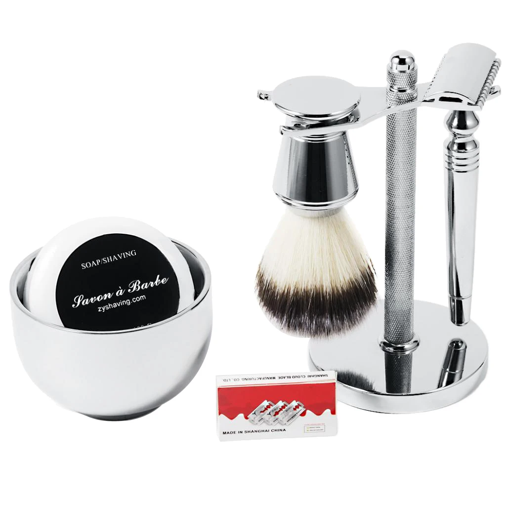 Classic Men`s Shaving Set Safety Shaving Brush Holder, Alloy & Nylon Shave Mug Soap Gift Kit