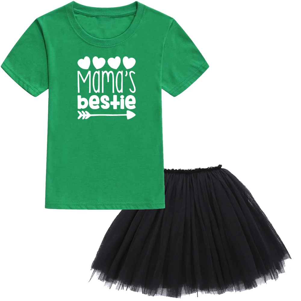 Футболки с принтом Mama's Bestie, 8 цветов, топы+ черная юбка-пачка в сеточку, модные комплекты из 2 предметов для девочек, одежда с коротким рукавом для маленьких девочек - Цвет: 41T9-KQTGNBK-