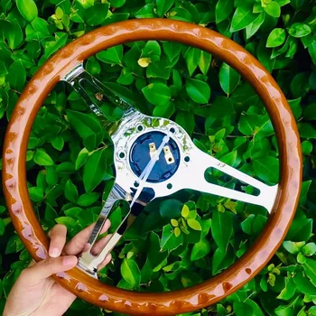 

14" 14inch /35cm Classic Mahogany Wood Grain Brown Trim Steering Wheel with Horn Button