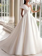 A-Line Wedding Dresses One Shoulder Sweep / Brush Train Satin Short Sleeve Plus Size Modern with Buttons Ruched 2021