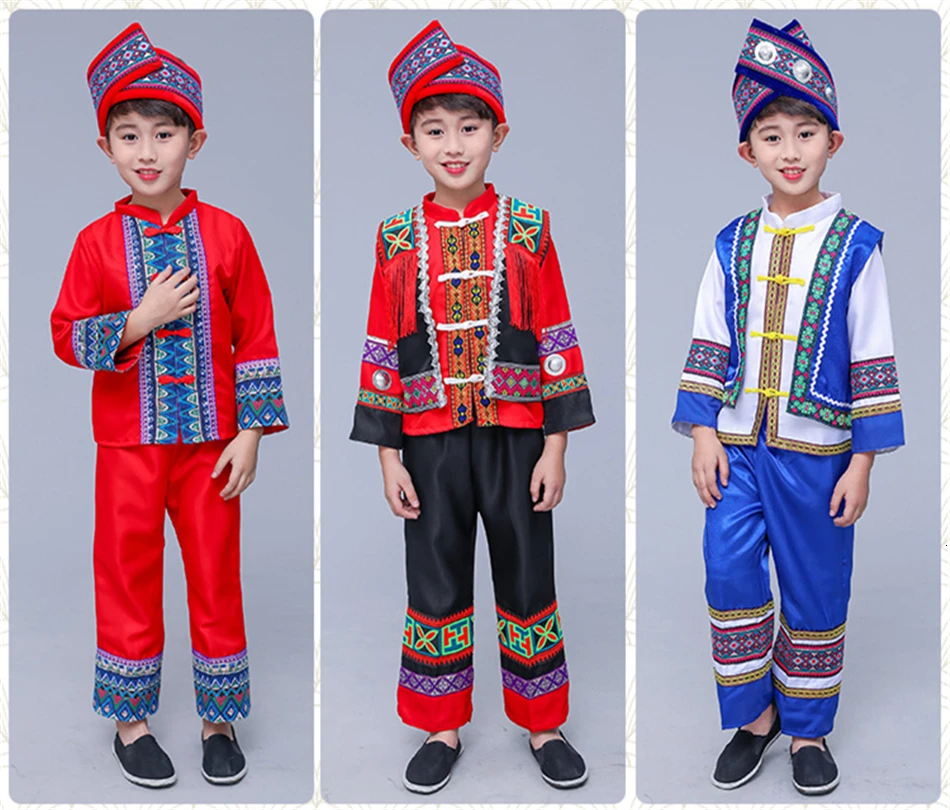 Детский Древний китайский Hmong костюм Мяо народный праздник для сцены Waer мальчики печати народный костюм ханьфу комплект одежды