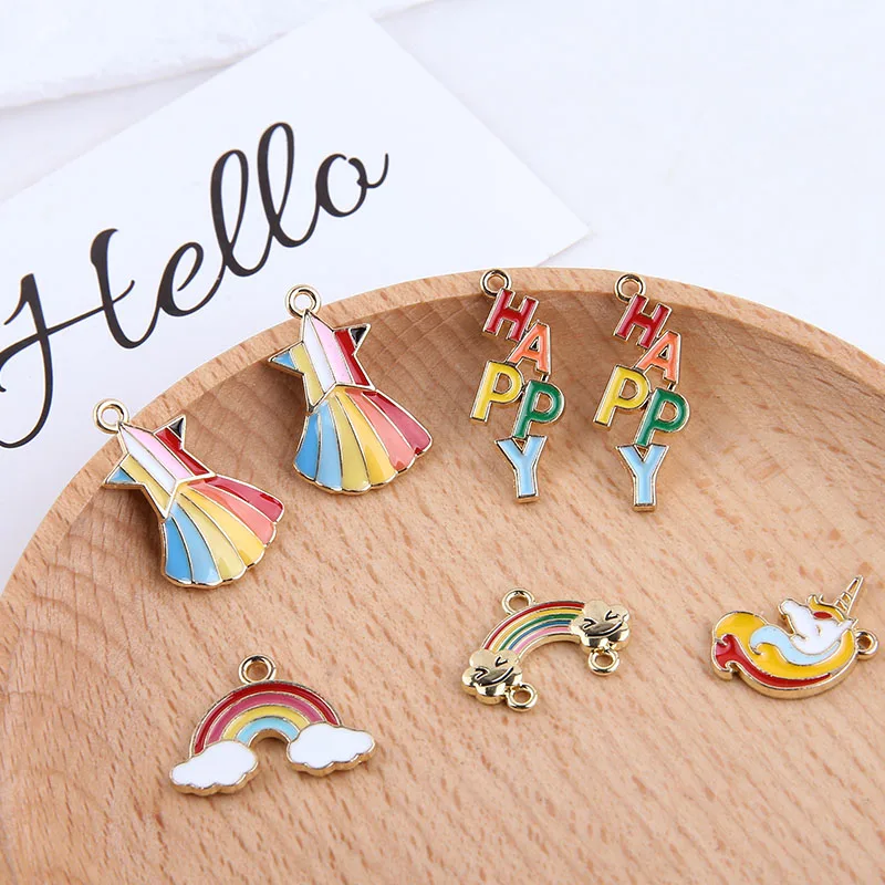 Lote de 10 unidades de pulseras con amuletos esmaltados con forma de caballo del arco iris con la palabra feliz, joyería para pendientes, fabricación de joyería de colgantes DIY con Base dorada|Amuletos| - AliExpress