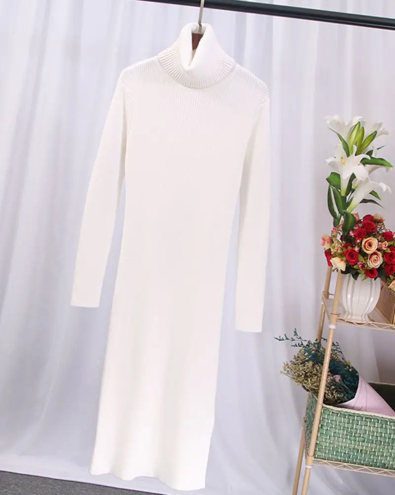 GIGOGOU вязаное длинное женское платье-свитер зимний толстый пуловер с высоким воротом облегающее Макси платье трикотажное платье в рубчик платье миди - Цвет: White