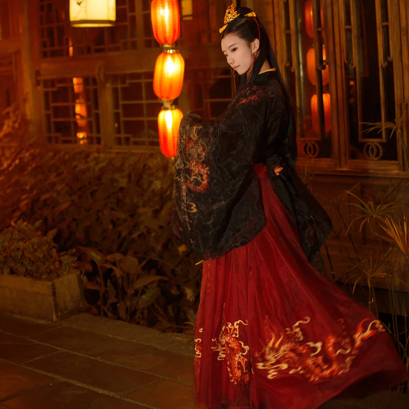 Новое ханьфу китайское платье Костюм Фея черный/красный Hanfu Китайская традиционная и древняя женская одежда народный танцевальный костюм DQL1695