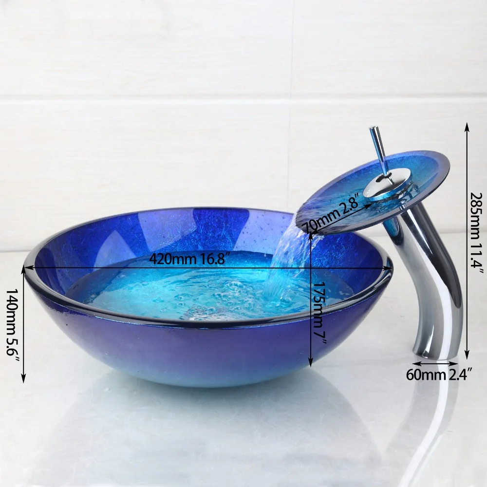 ZAPPO Bule Tempered Glass Bathroom Vessel Sink Bowl Sink for Bathroom with Faucet Tap Combo Deck Mounted Basin Sinks 2