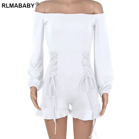 Women Off Shoulder Ruffles Hem Lace Up Playsuit Sexy Backless Long Lantern Sleeve Casual Office Lady Rompers Jumpsuit