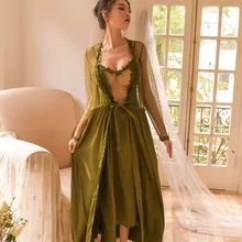 Новинка, розовая ночная рубашка и Ночная рубашка на подтяжках, комплект, сексуальная Длинная атласная Шелковая пижама, полупрозрачная Пижама